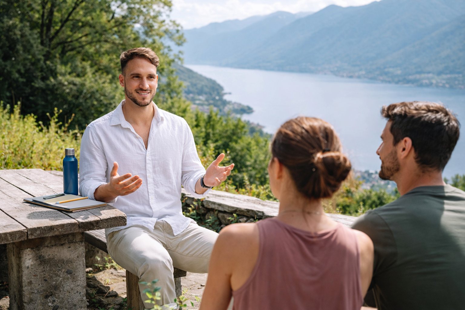 Coach guiding a couple during a private outdoor coaching and wellness session in Ticino overlooking the lake and mountains