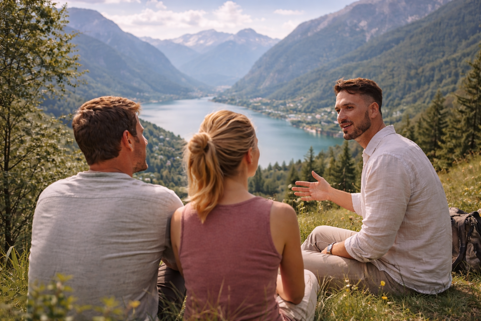 Wellness coach guiding two guests on a hillside overlooking an alpine lake in daylight