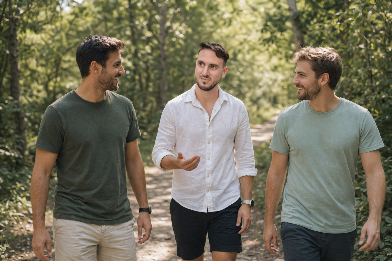 Male coach walking in nature with a male couple during a guided wellness and coaching experience
